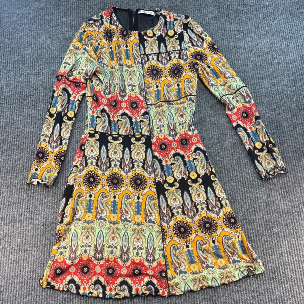 Alice + Olivia Paisley Mosaic Long Sleeve Retro Mini Dress Multi-Color Size 8